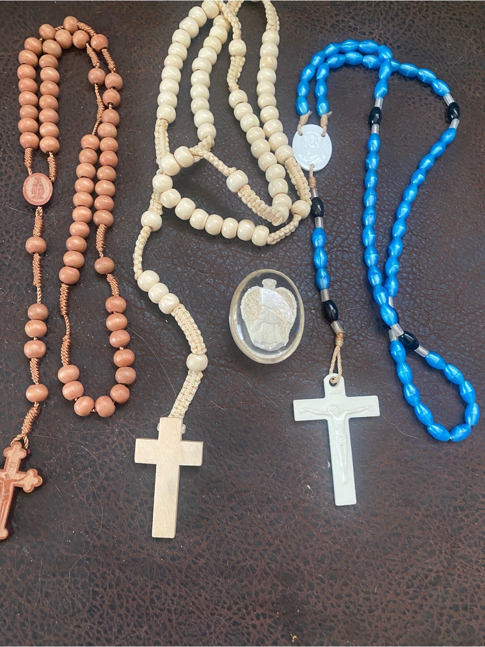 Beaded Rosary and Prayer Beads Set in Brown, Cream & Blue, not included Angel
